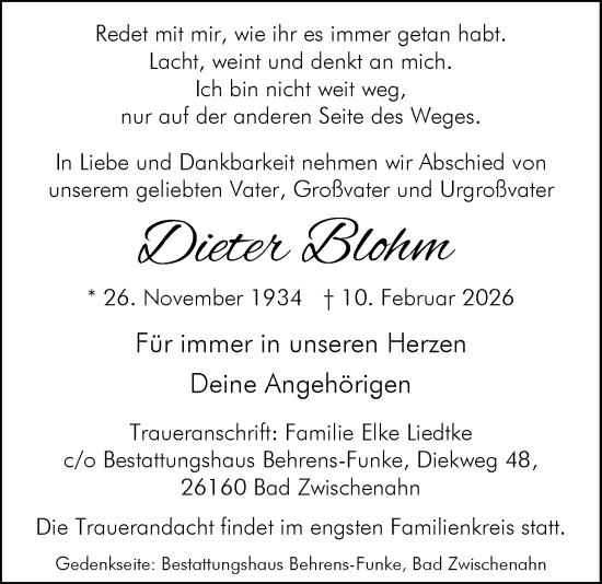 Traueranzeige von Dieter Blohm von Nordwest-Zeitung