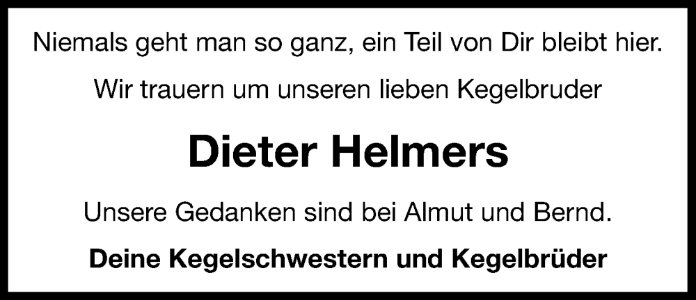  Traueranzeige für Dieter Helmers vom 07.02.2026 aus Nordwest-Zeitung