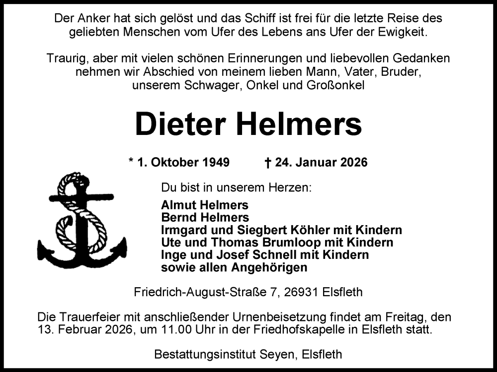  Traueranzeige für Dieter Helmers vom 07.02.2026 aus Nordwest-Zeitung