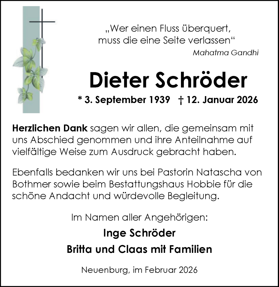  Traueranzeige für Dieter Schröder vom 06.02.2026 aus Nordwest-Zeitung