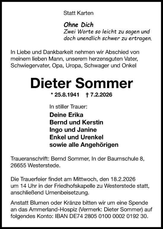 Traueranzeige von Dieter Sommer von Nordwest-Zeitung