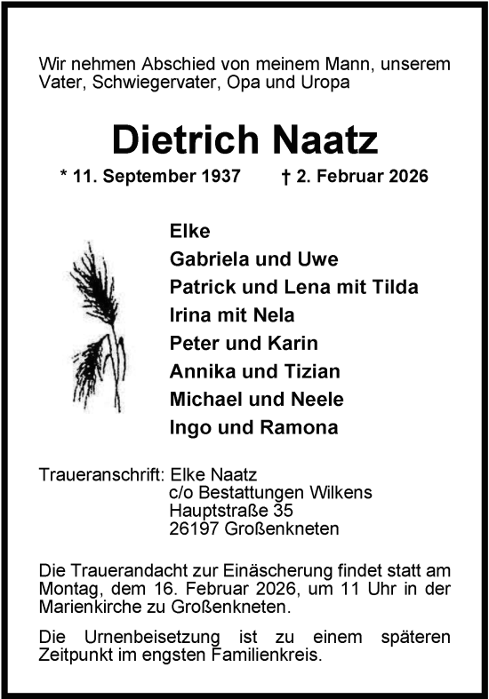 Traueranzeige von Dietrich Naatz von Nordwest-Zeitung