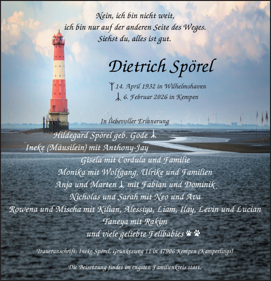 Traueranzeige von Dietrich Spörel von Nordwest-Zeitung