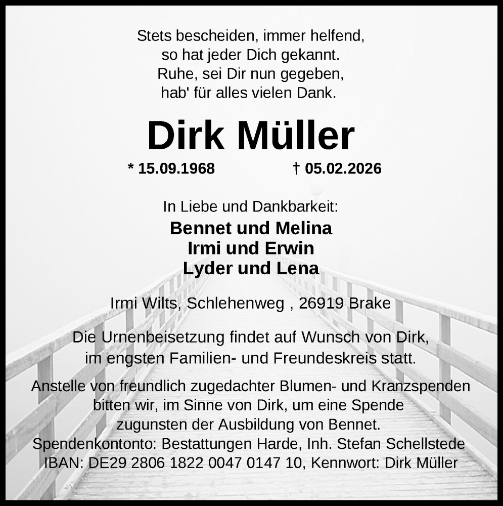  Traueranzeige für Dirk Müller vom 09.02.2026 aus Nordwest-Zeitung
