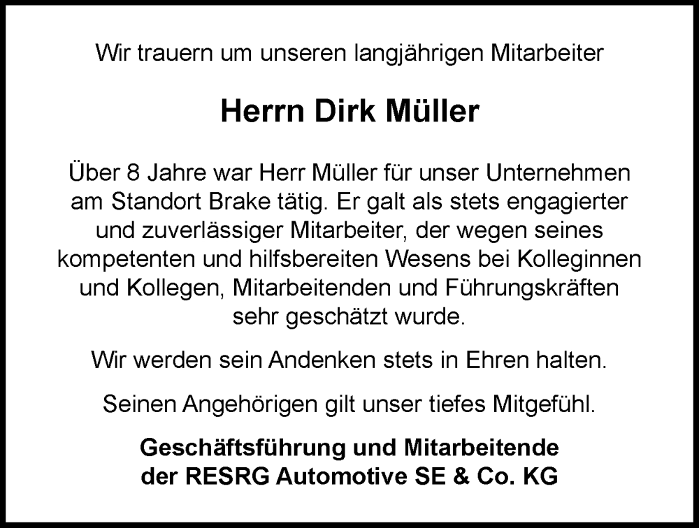  Traueranzeige für Dirk Müller vom 11.02.2026 aus Nordwest-Zeitung