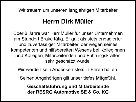 Traueranzeige von Dirk Müller von Nordwest-Zeitung