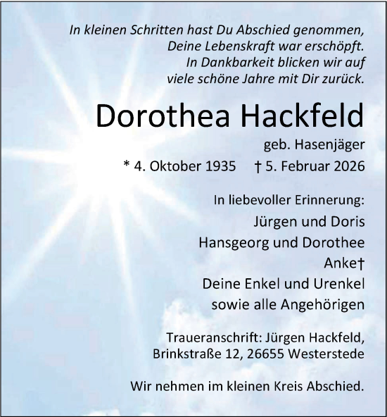 Traueranzeige von Dorothea Hackfeld von Nordwest-Zeitung