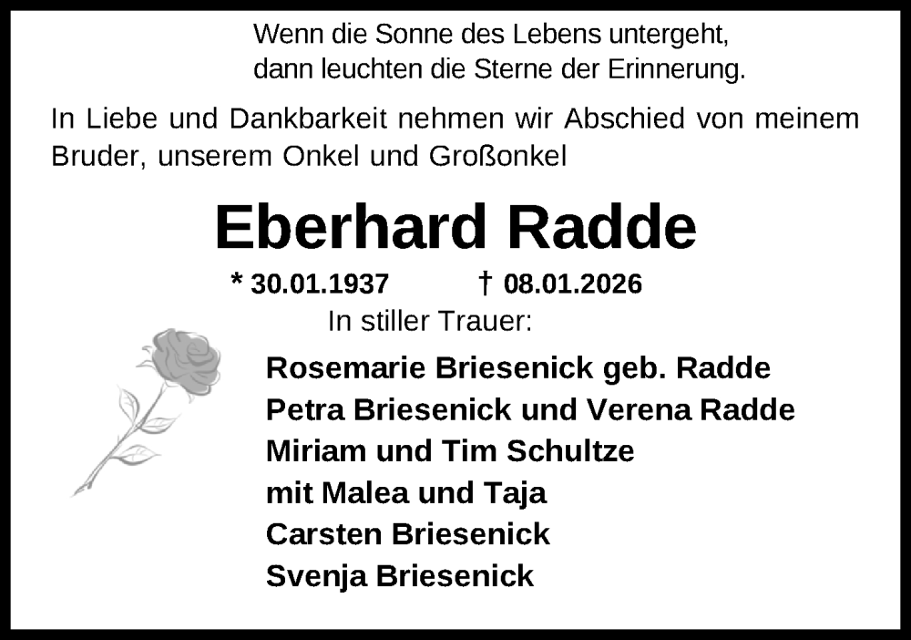  Traueranzeige für Eberhard Radde vom 14.02.2026 aus Nordwest-Zeitung
