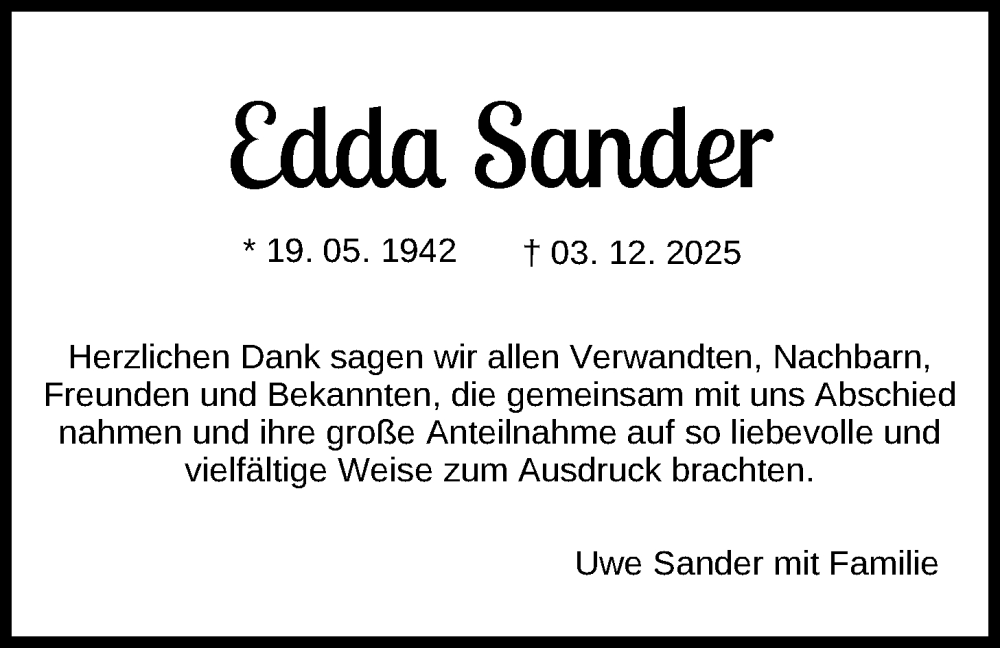  Traueranzeige für Edda Sander vom 07.02.2026 aus Nordwest-Zeitung