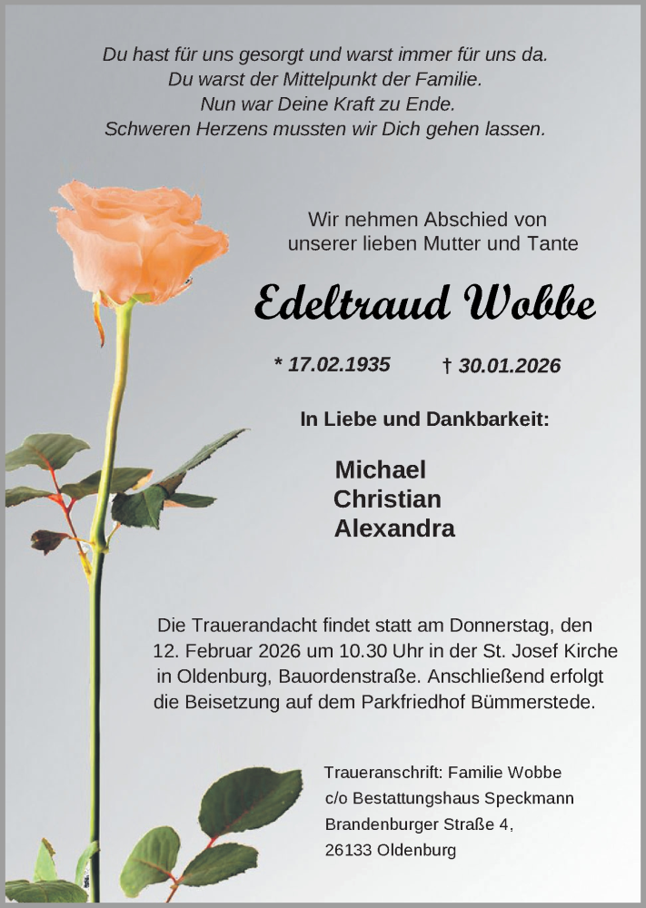  Traueranzeige für Edeltraud Wobbe vom 06.02.2026 aus Nordwest-Zeitung