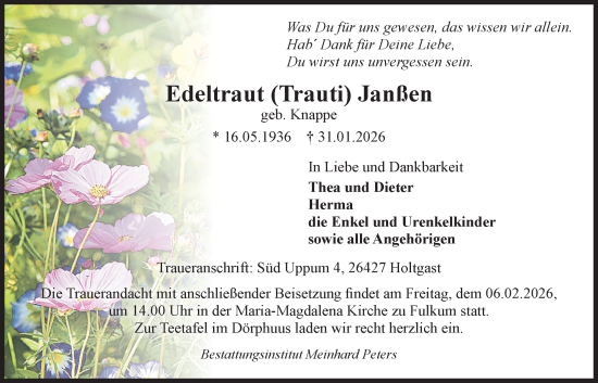 Traueranzeige von Edeltraut Janßen von WZ/JW/AH