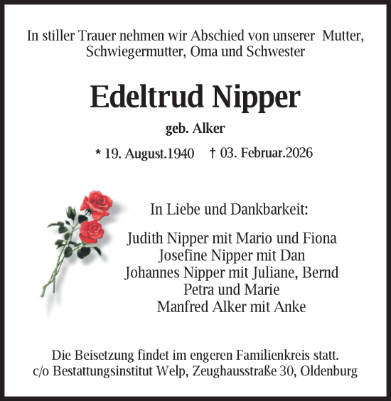 Traueranzeige von Edeltrud Nipper von Nordwest-Zeitung