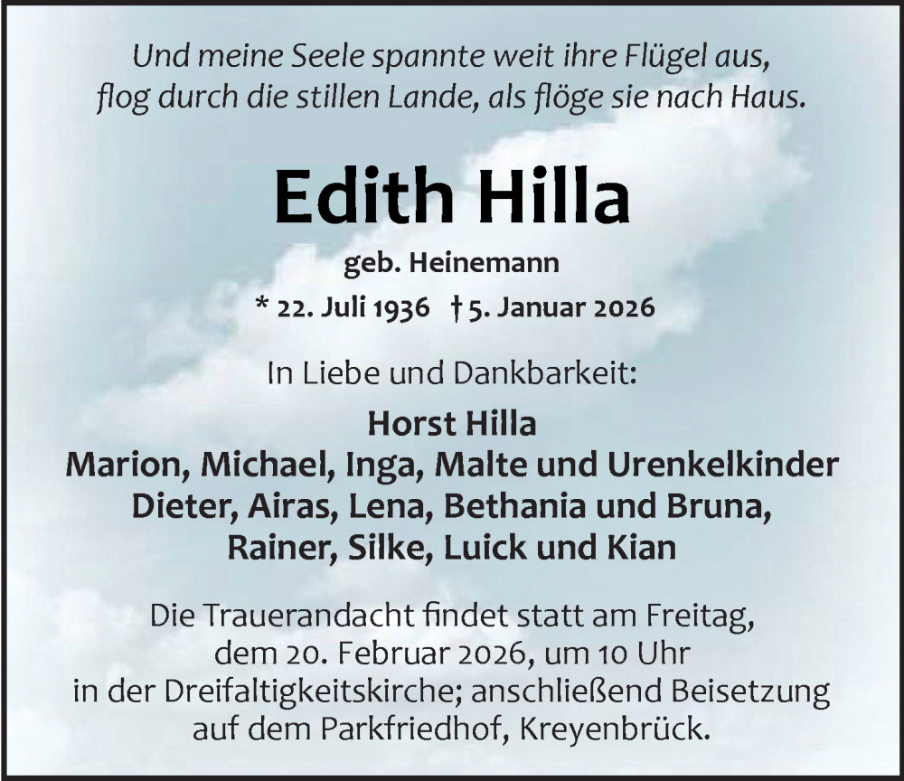  Traueranzeige für Edith Hilla vom 14.02.2026 aus Nordwest-Zeitung