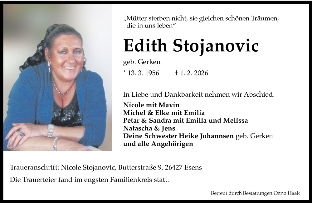  Traueranzeige für Edith Stojanovic vom 12.02.2026 aus WZ/JW/AH