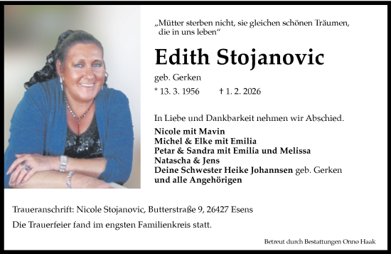 Traueranzeige von Edith Stojanovic von WZ/JW/AH