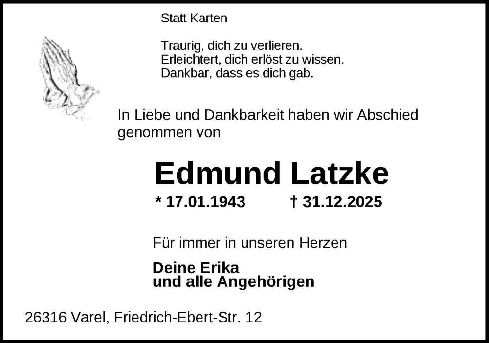  Traueranzeige für Edmund Latzke vom 07.02.2026 aus Nordwest-Zeitung