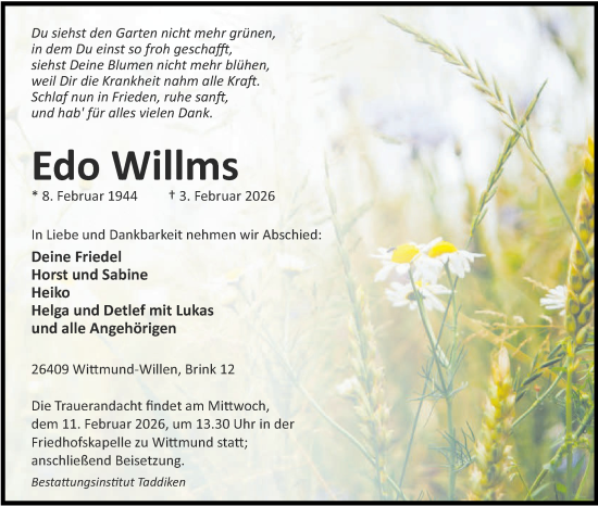 Traueranzeige von Edo Willms von WZ/JW/AH