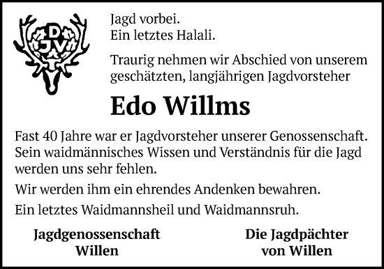 Traueranzeige von Edo Willms von WZ/JW/AH