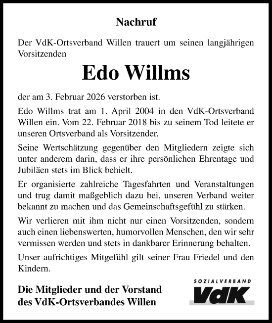Traueranzeige von Edo Willms von WZ/JW/AH