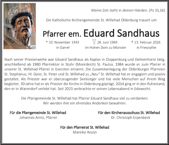 Traueranzeige von Eduard Sandhaus von Nordwest-Zeitung