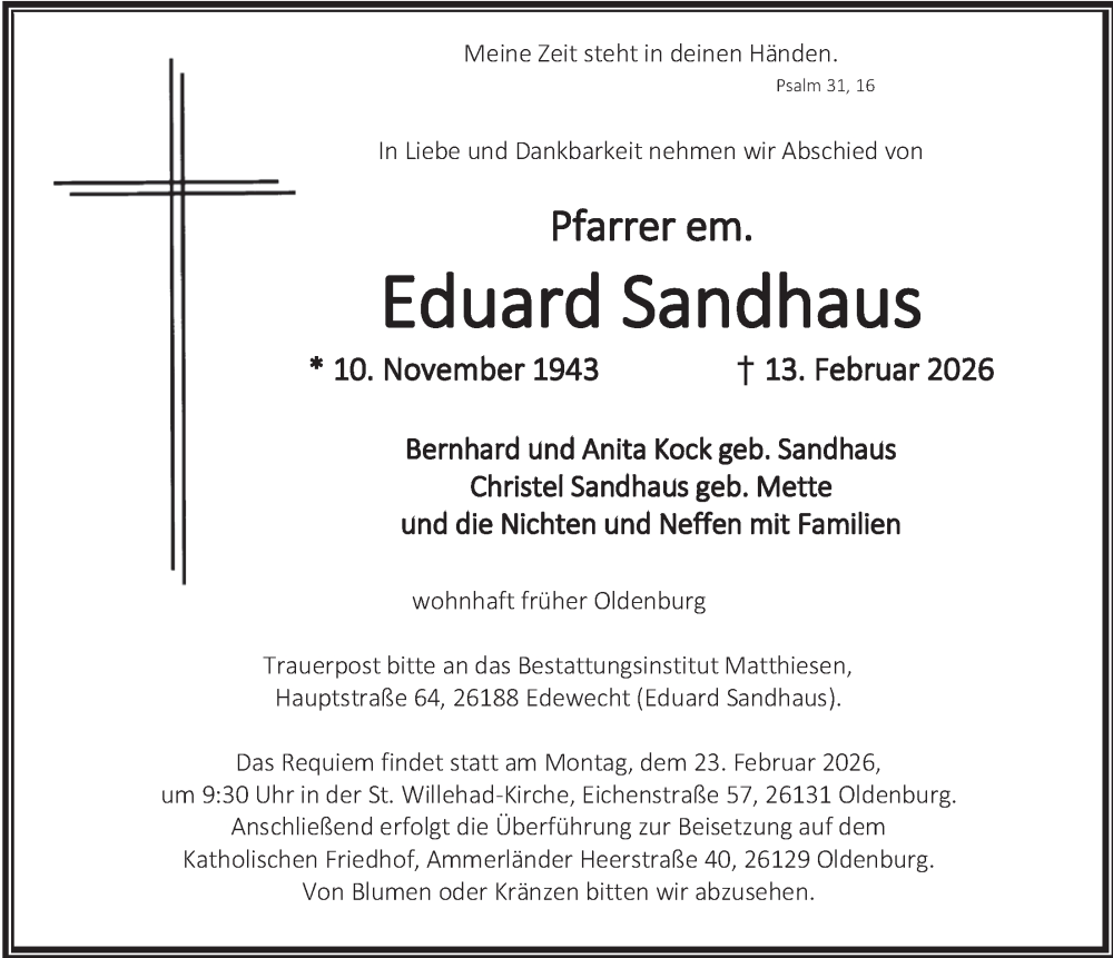  Traueranzeige für Eduard Sandhaus vom 19.02.2026 aus Nordwest-Zeitung