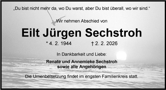 Traueranzeige von Eilt Jürgen Sechstroh von WZ/JW/AH