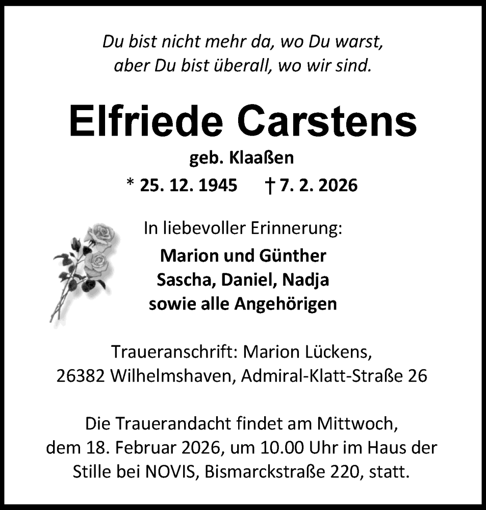  Traueranzeige für Elfriede Carstens vom 14.02.2026 aus WZ/JW/AH