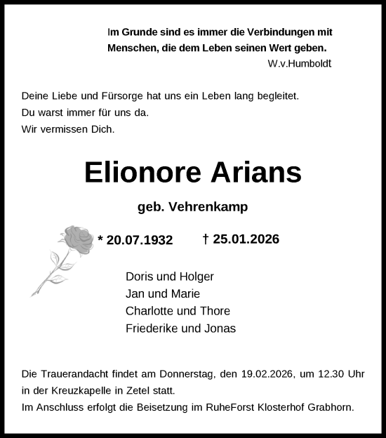 Traueranzeige von Elionore Arians von Nordwest-Zeitung