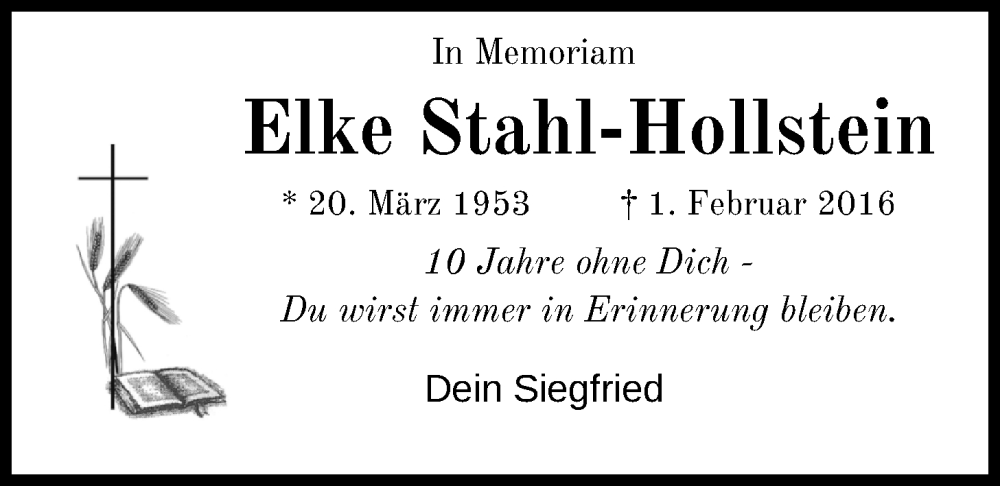  Traueranzeige für Elke Stahl-Hollstein vom 02.02.2026 aus Nordwest-Zeitung