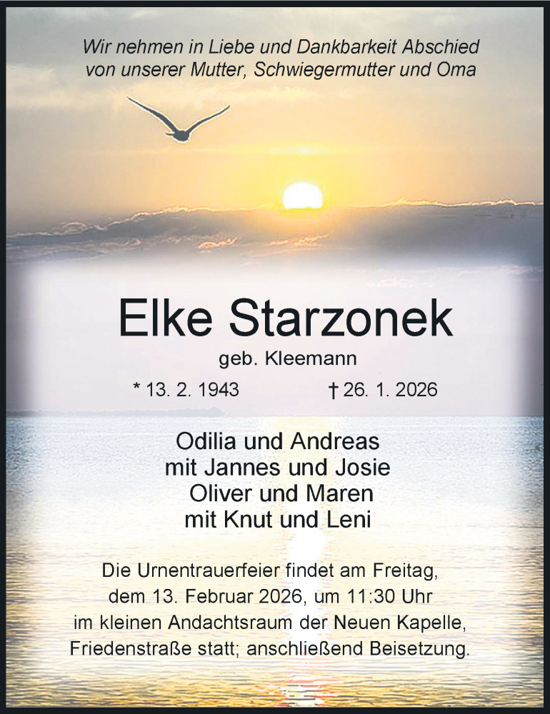  Traueranzeige für Elke Starzonek vom 07.02.2026 aus WZ/JW/AH