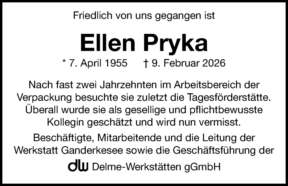  Traueranzeige für Ellen Pryka vom 21.02.2026 aus Nordwest-Zeitung