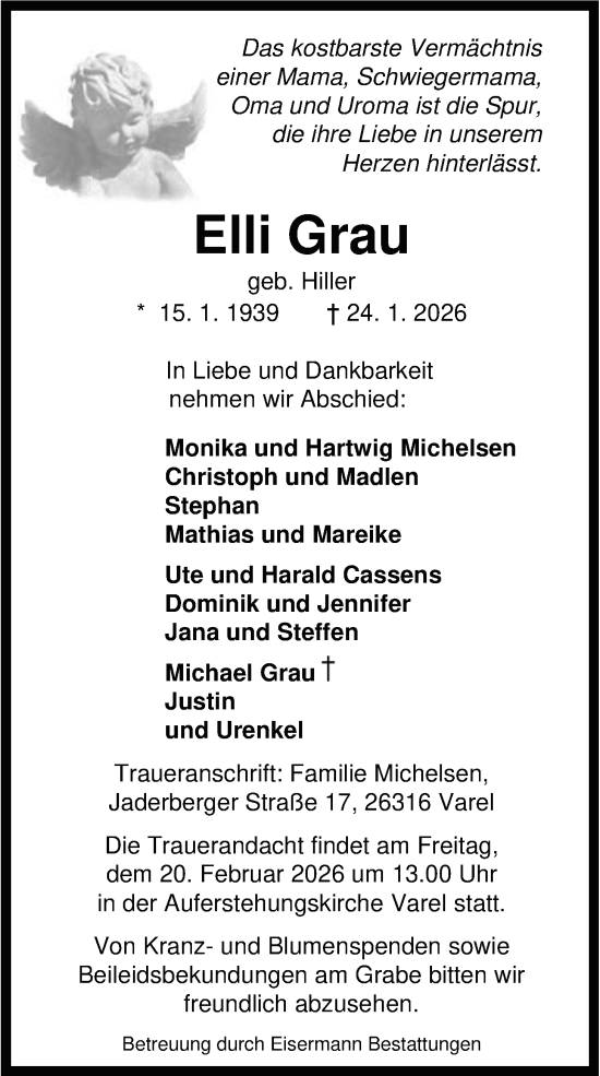 Traueranzeige von Elli Grau von Nordwest-Zeitung