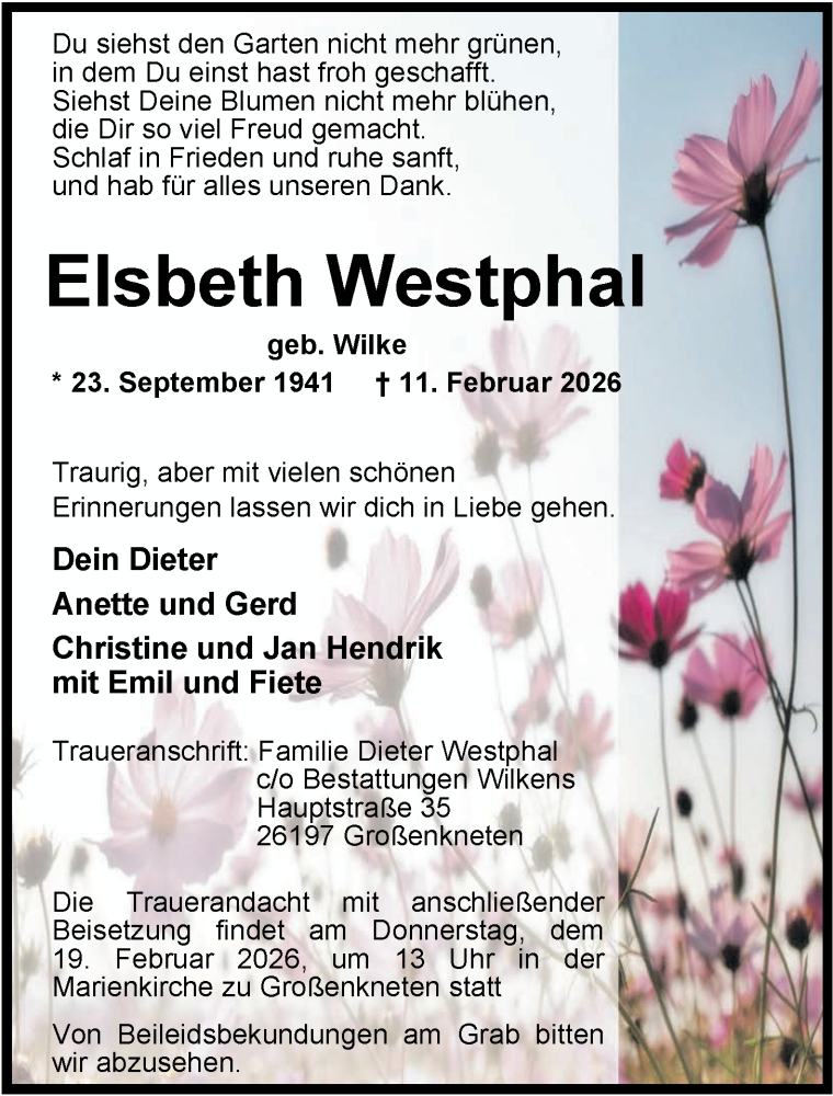  Traueranzeige für Elsbeth Westphal vom 17.02.2026 aus Nordwest-Zeitung