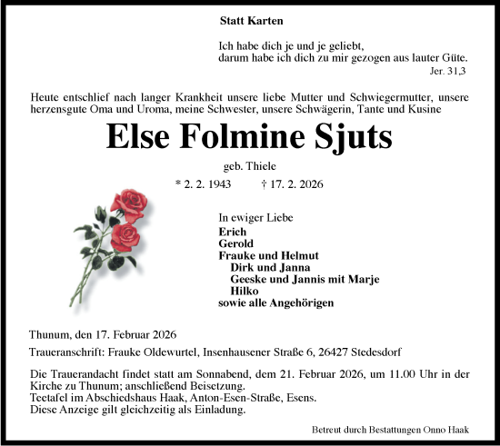 Traueranzeige von Else Folmine Sjuts von WZ/JW/AH