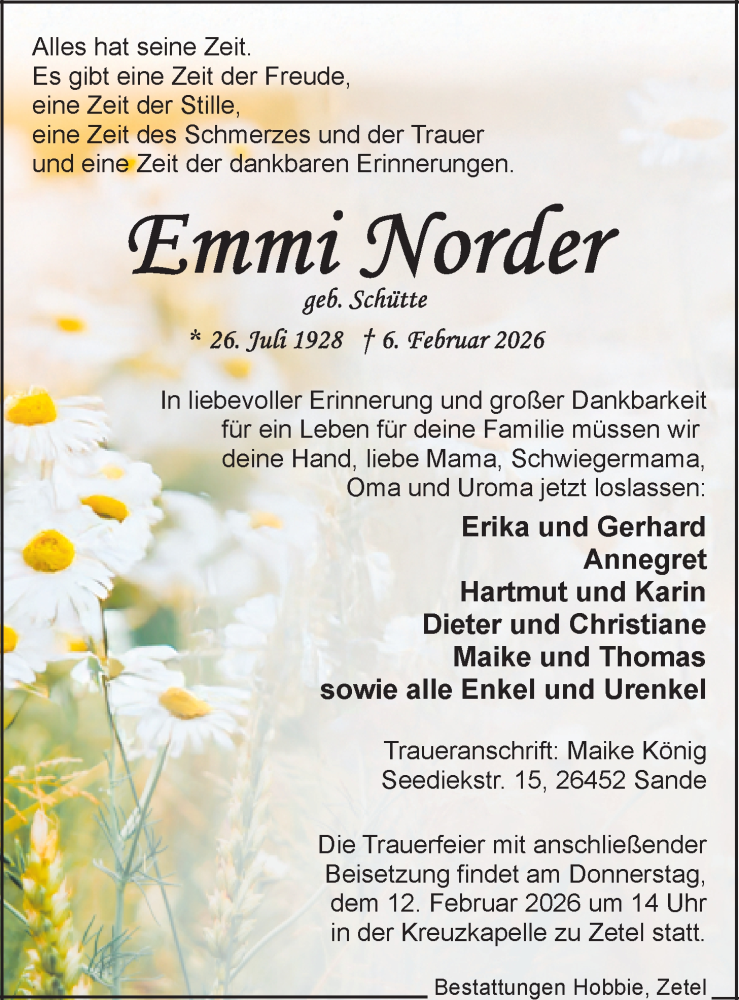  Traueranzeige für Emmi Norder vom 10.02.2026 aus Nordwest-Zeitung