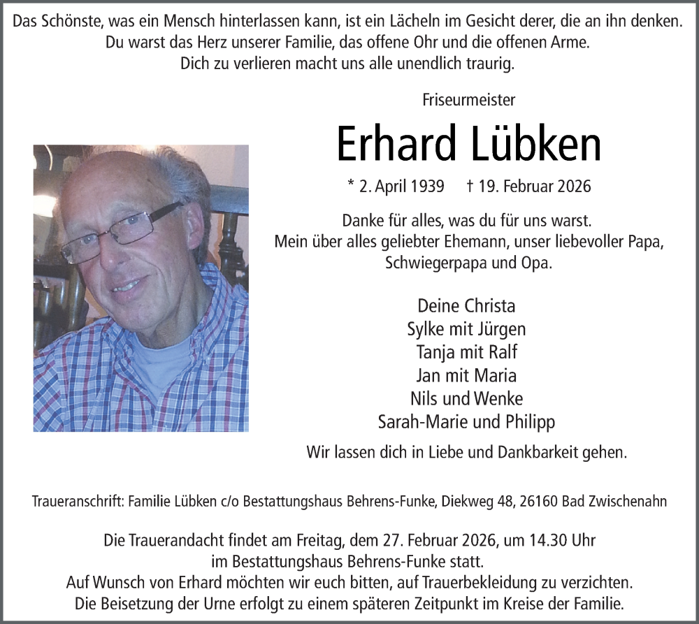 Traueranzeige für Erhard Lübken vom 24.02.2026 aus Nordwest-Zeitung