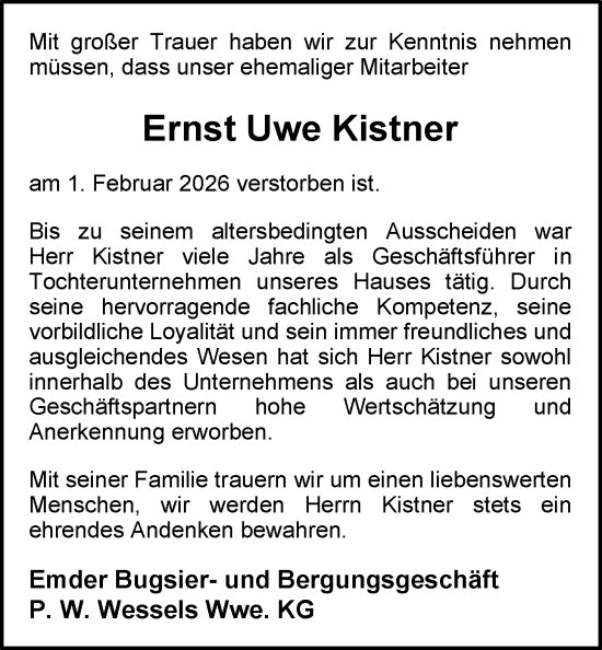 Traueranzeige von Ernst Uwe Kistner von Emder Zeitung