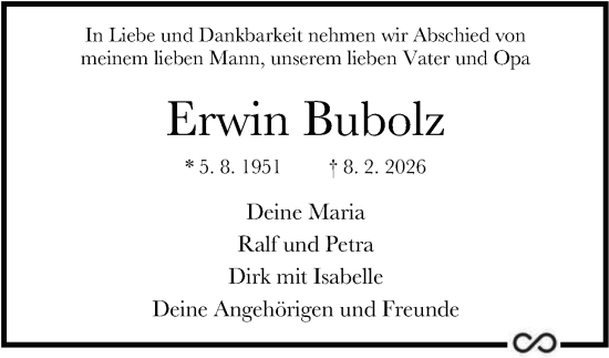 Traueranzeige von Erwin Bubolz von Nordwest-Zeitung