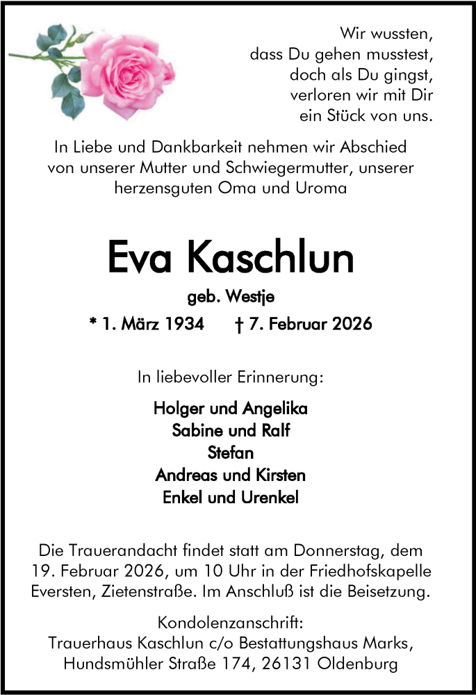 Traueranzeige für Eva Kaschlun vom 14.02.2026 aus Nordwest-Zeitung