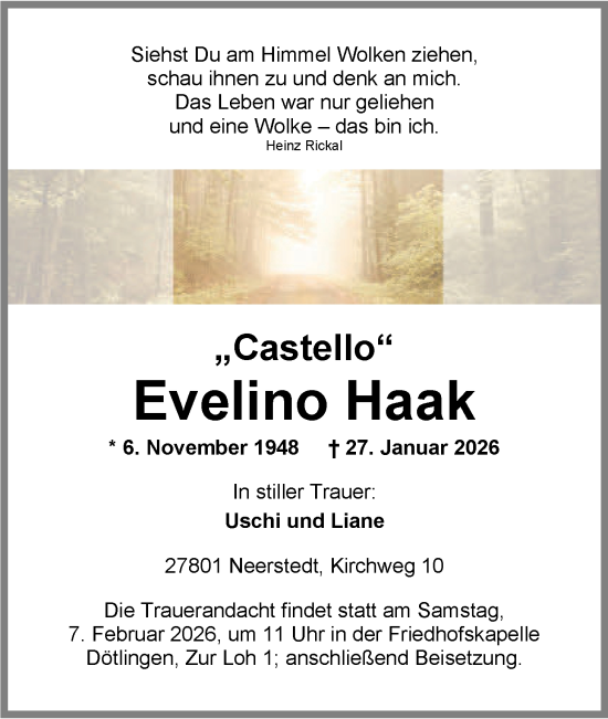Traueranzeige von Evelino Haak von Nordwest-Zeitung