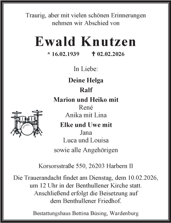 Traueranzeige von Ewald Knutzen von Nordwest-Zeitung