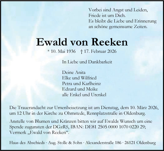 Traueranzeige von Ewald von Reeken von Nordwest-Zeitung