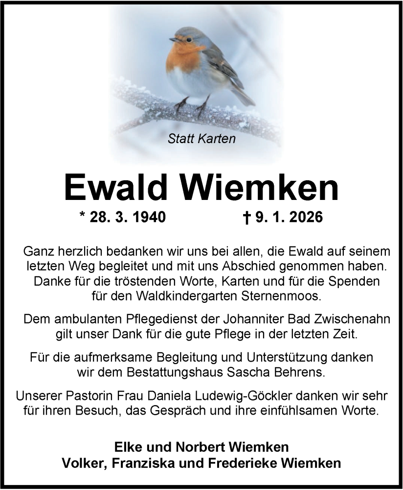  Traueranzeige für Ewald Wiemken vom 07.02.2026 aus Nordwest-Zeitung