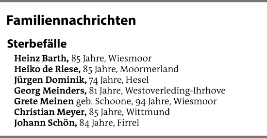 Traueranzeige von EZ Familiennachrichten von Emder Zeitung
