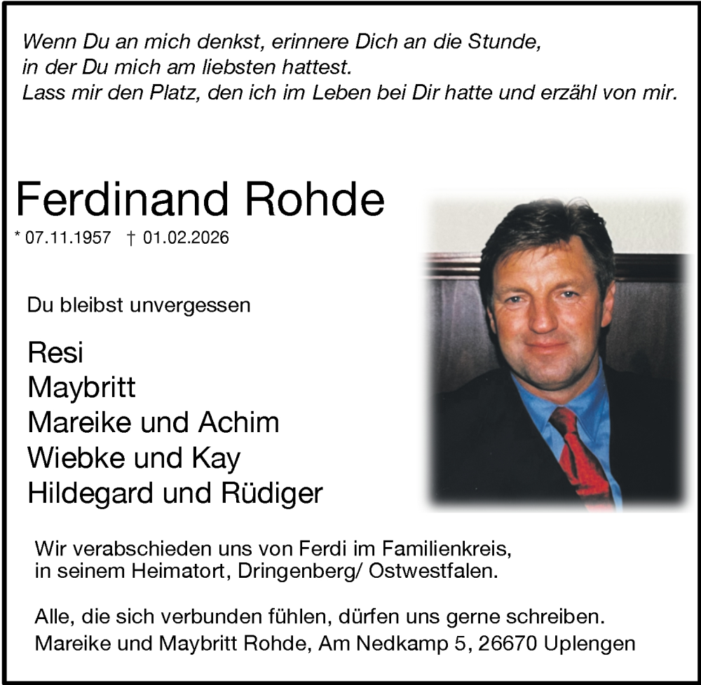  Traueranzeige für Ferdinand Rohde vom 07.02.2026 aus Nordwest-Zeitung