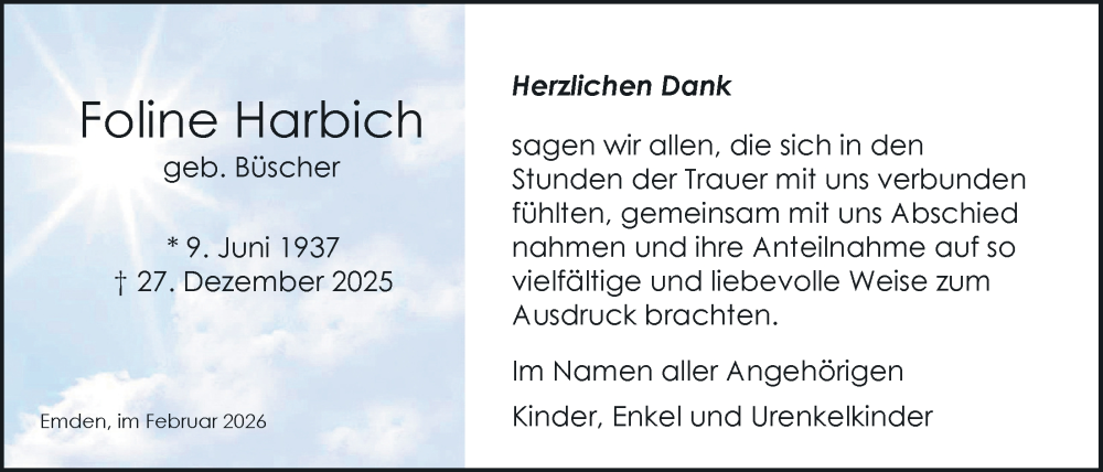  Traueranzeige für Foline Harbich vom 14.02.2026 aus Emder Zeitung
