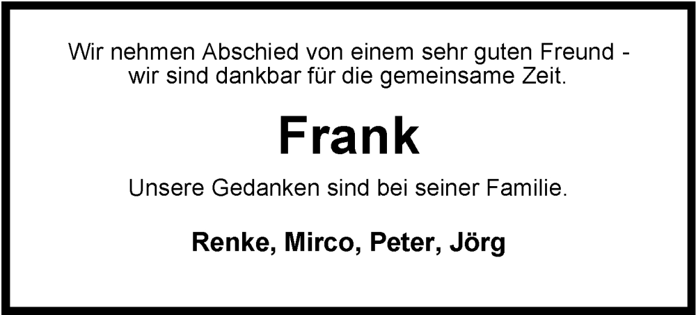  Traueranzeige für Frank  vom 06.02.2026 aus Nordwest-Zeitung