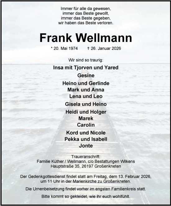 Traueranzeige von Frank Wellmann von Nordwest-Zeitung