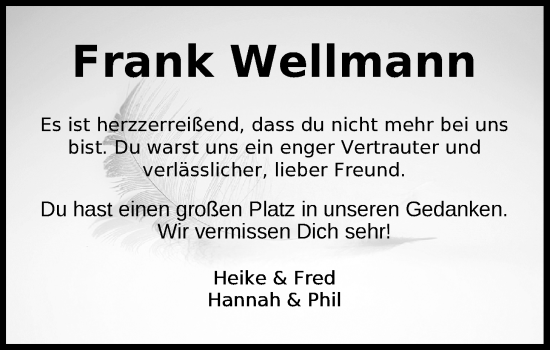 Traueranzeige von Frank Wellmann von Nordwest-Zeitung