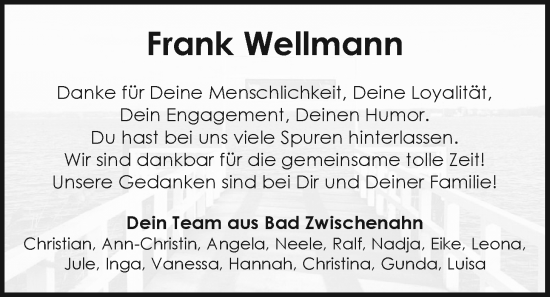 Traueranzeige von Frank Wellmann von Nordwest-Zeitung